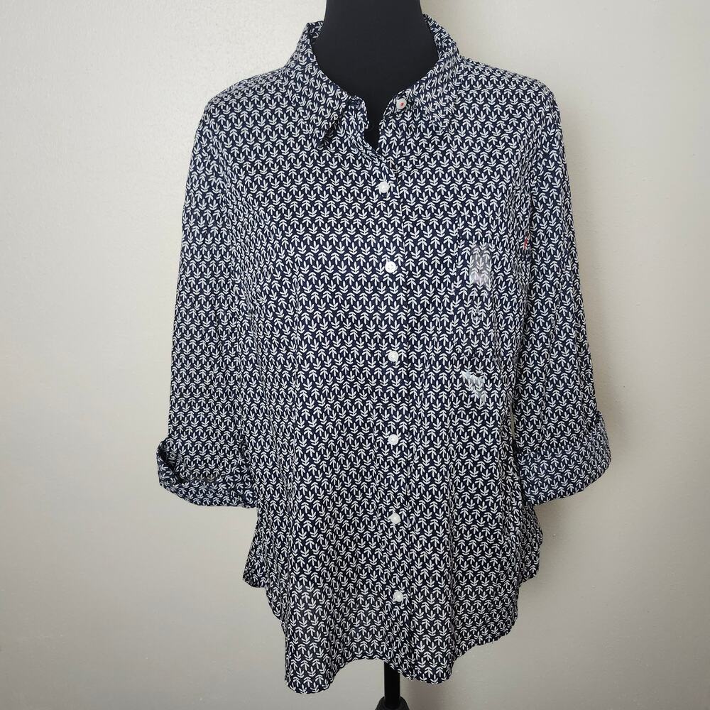 Nautica Jeans Women's NWT Button Up Roll Tab Sleeve Blue Leaf Stamp X-Large